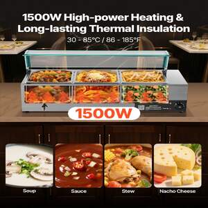 Професионален-Бен-Мари-за-Бюфет-1500W-3-Тави-със-Стъклен-Капак