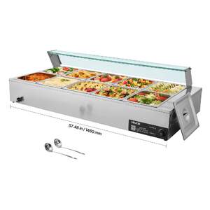 Професионален-Електрически-Бен-Мари-1700W-10-Тави-със-Стъклен-Капак-и-Черпаци