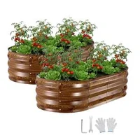 Комплект-2-бр-Овални-Метални-Лехи-120-x-60-x-30-см-Тъмно-Дърво