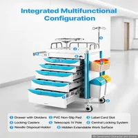 Медицинска-количка-с-5-чекмеджета-товар-до-110-кг-фиксирана-височина-1650-мм-360-заключващи-се-колела-CPR-борд-и-държач-за-бутилка